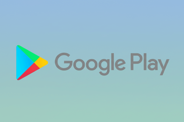 The Google Play logo with the word Google Play in grey text next to its iconic colorful triangular play button symbol , set against a professional soft blue - green gradient background.
