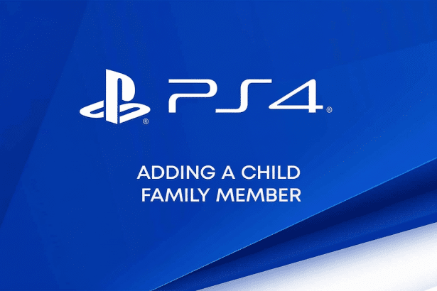 PlayStation 4 logo with text ADDING A CHILD FAMILY MEMBER on a blue gradient background.