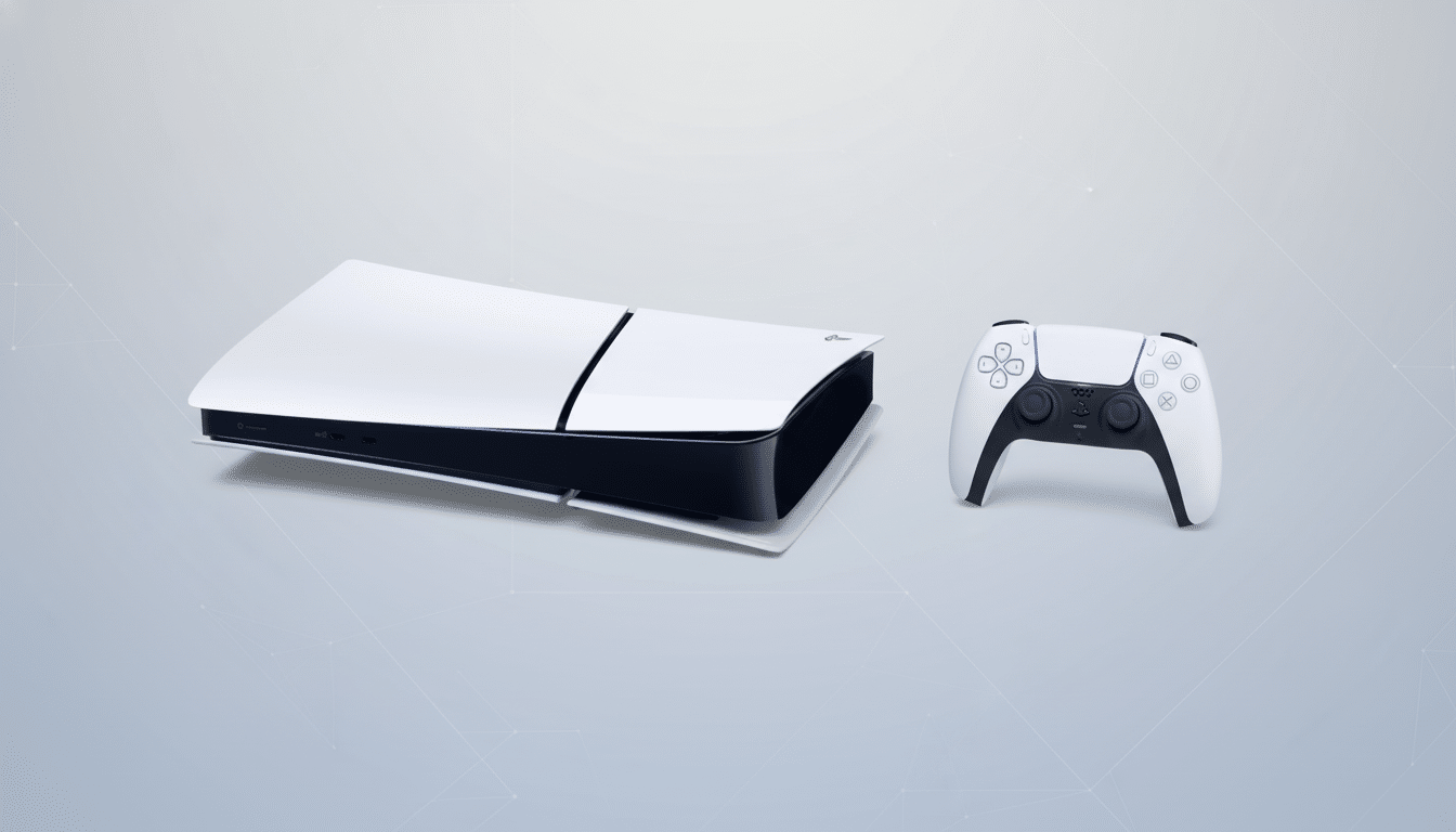 A professional shot of a white PlayStation 5 console and its matching DualSense controller side -by-side on a subtly patterned light grey background.