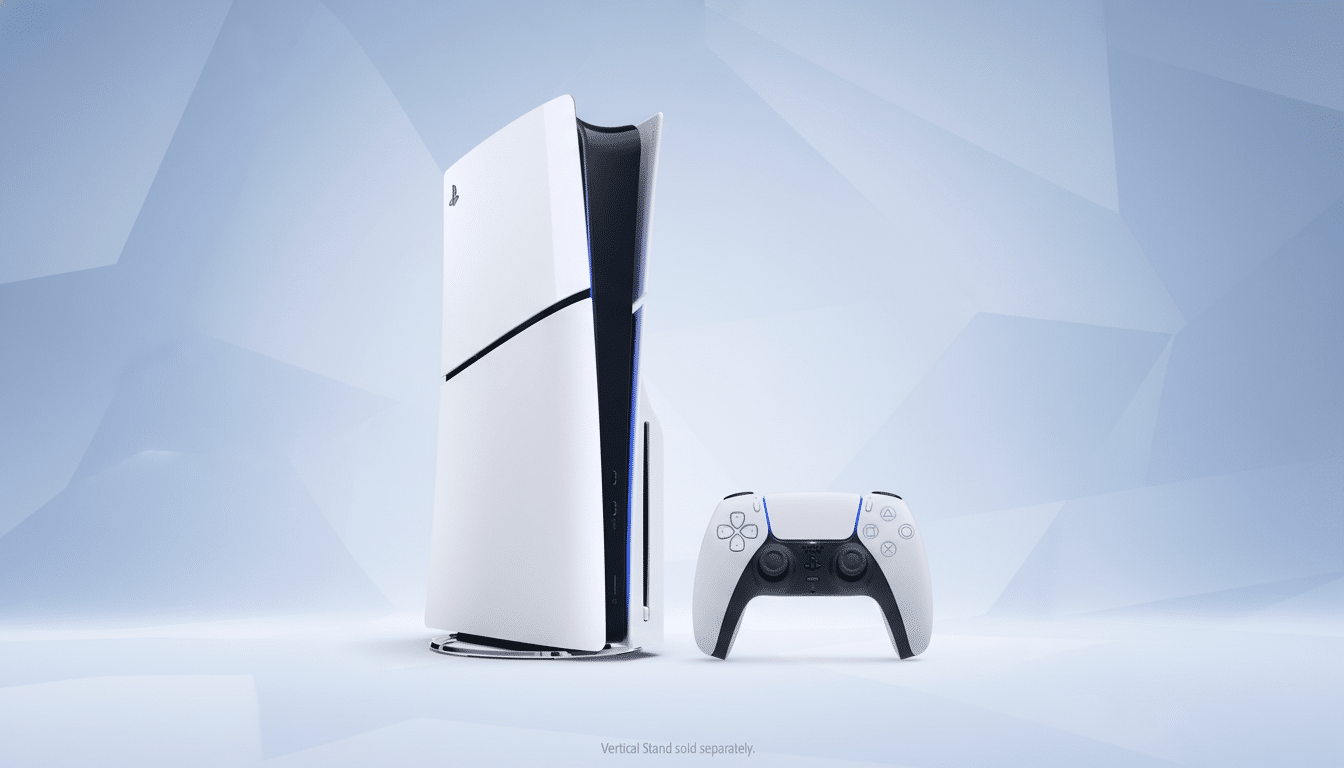 A white PlayStation 5 console stands vertically next to its white Dual Sense controller, both featuring black accents and subtle blue lighting, set against a professional light blue geometric gradient background. Filename : playstation 5console controller .png