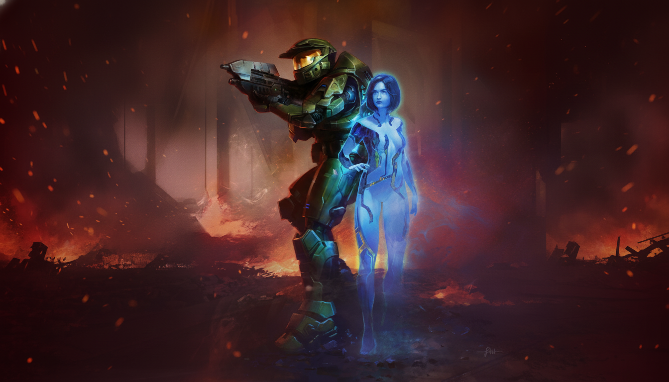 Halo Campaign Evolved on PlayStation, Master Chief helmet beside DualSense controller