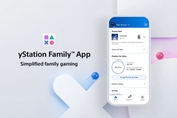 A professional 16: 9 image of the PlayStation Family App UI on a smartphone, displaying playtime management features, set against a clean, modern whit