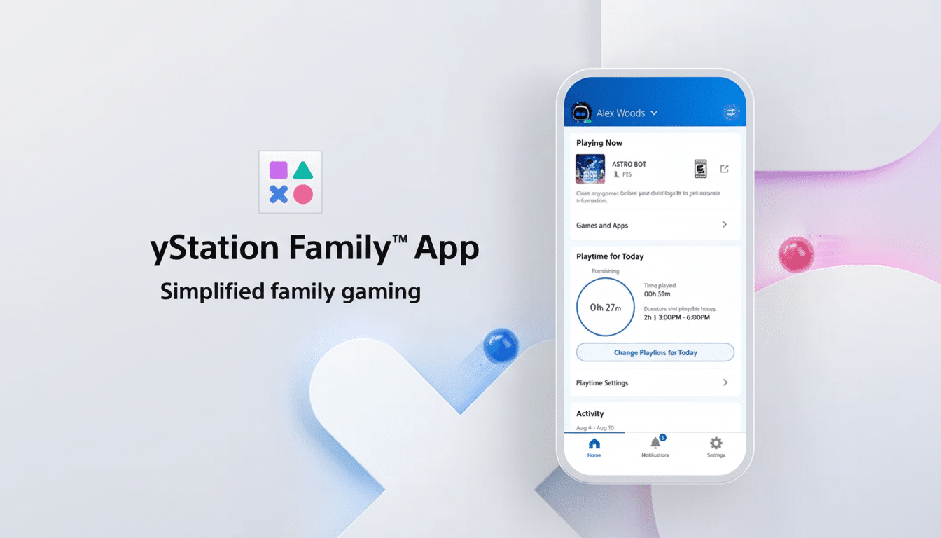 A professional 16: 9 image of the PlayStation Family App UI on a smartphone, displaying playtime management features, set against a clean, modern whit