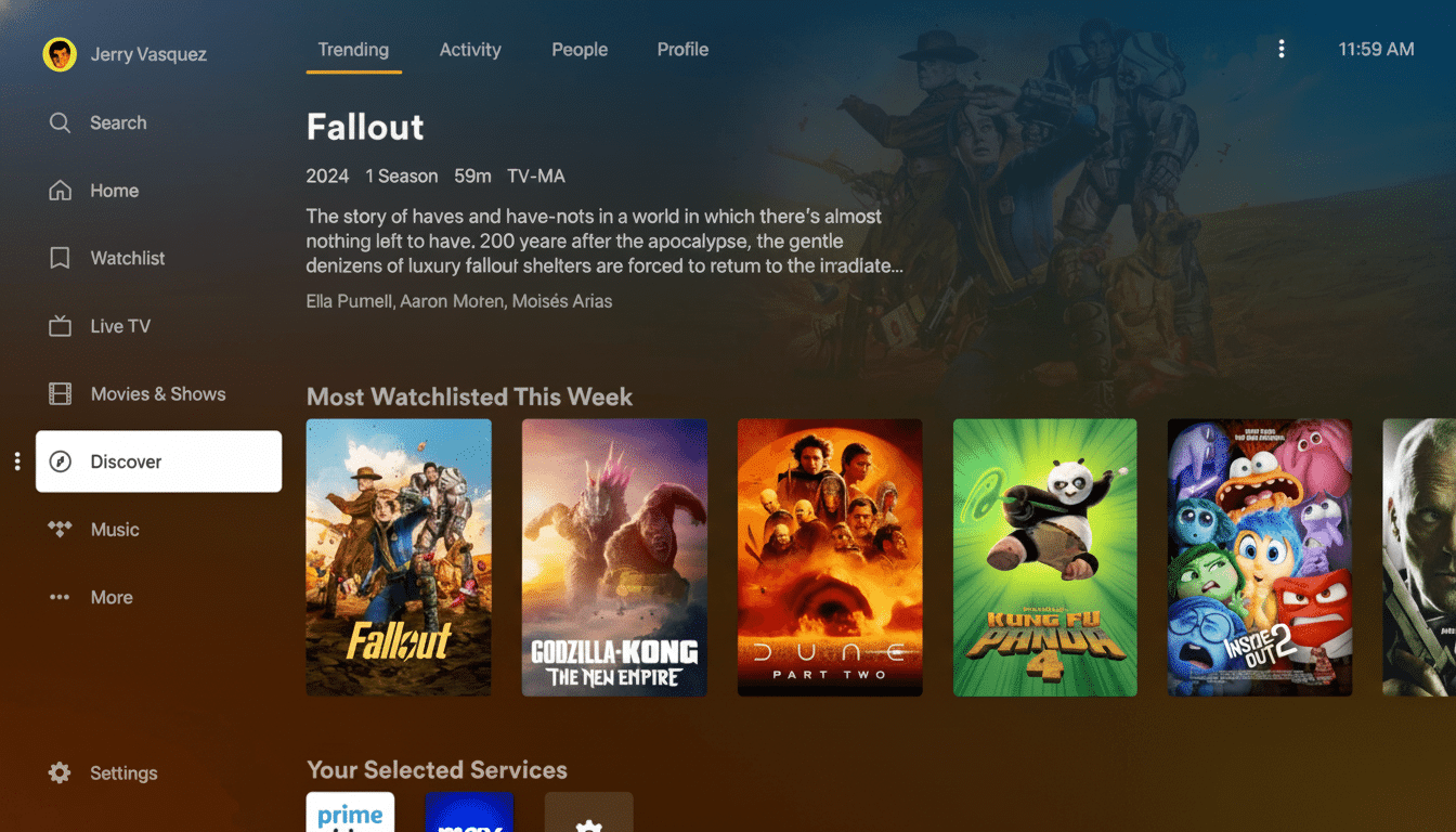 A professional screenshot of a smart TV interface displaying Fallout as the trending show, with a watchlist section featuring movies like Godzilla x K