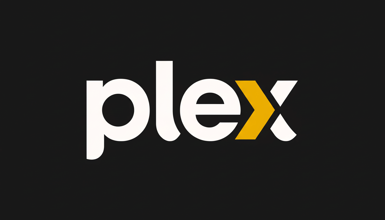 The Plex logo on a black background, featuring the word plex in white with a yellow arrow representing the x.