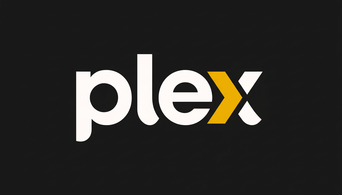 The Plex logo, featuring the word plex in white lowercase letters, with the x stylized as a golden orange play icon, all set against a solid dark gray