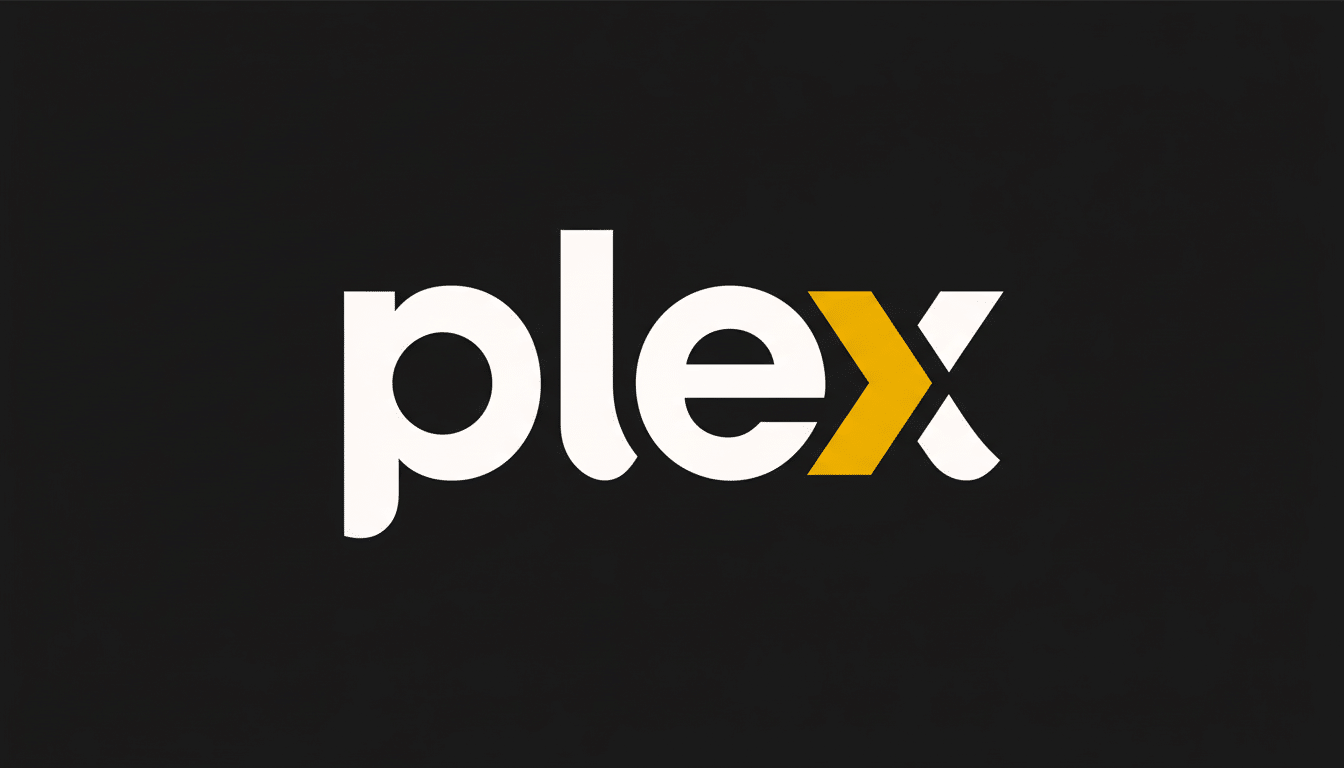 The Plex logo, featuring the word plex in white lowercase letters on a dark grey background, with a golden - yellow arrow symbol forming the x. The im