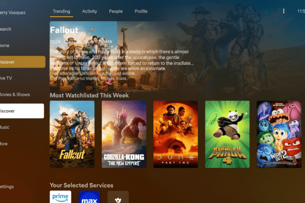 Screenshot of a streaming service interface featuring trending content, with Fallout prominently displayed and a list of Most Watch listed This Week m