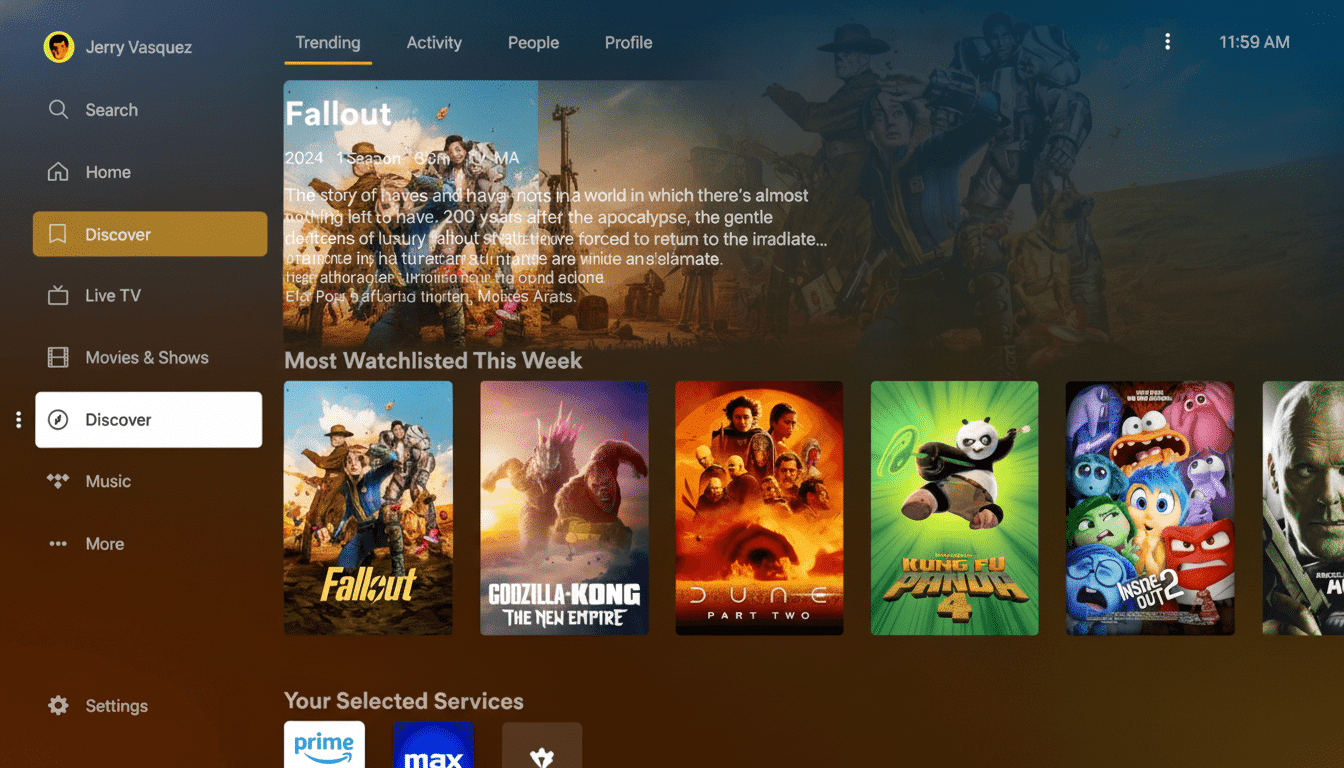 Screenshot of a streaming service interface featuring trending content, with Fallout prominently displayed and a list of Most Watch listed This Week m