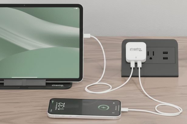 A white Plug able power strip with two USB-C ports is plugged into a black wall outlet. Two white cables extend from the power strip , one to a charging smartphone and the other to a tablet in a stand.