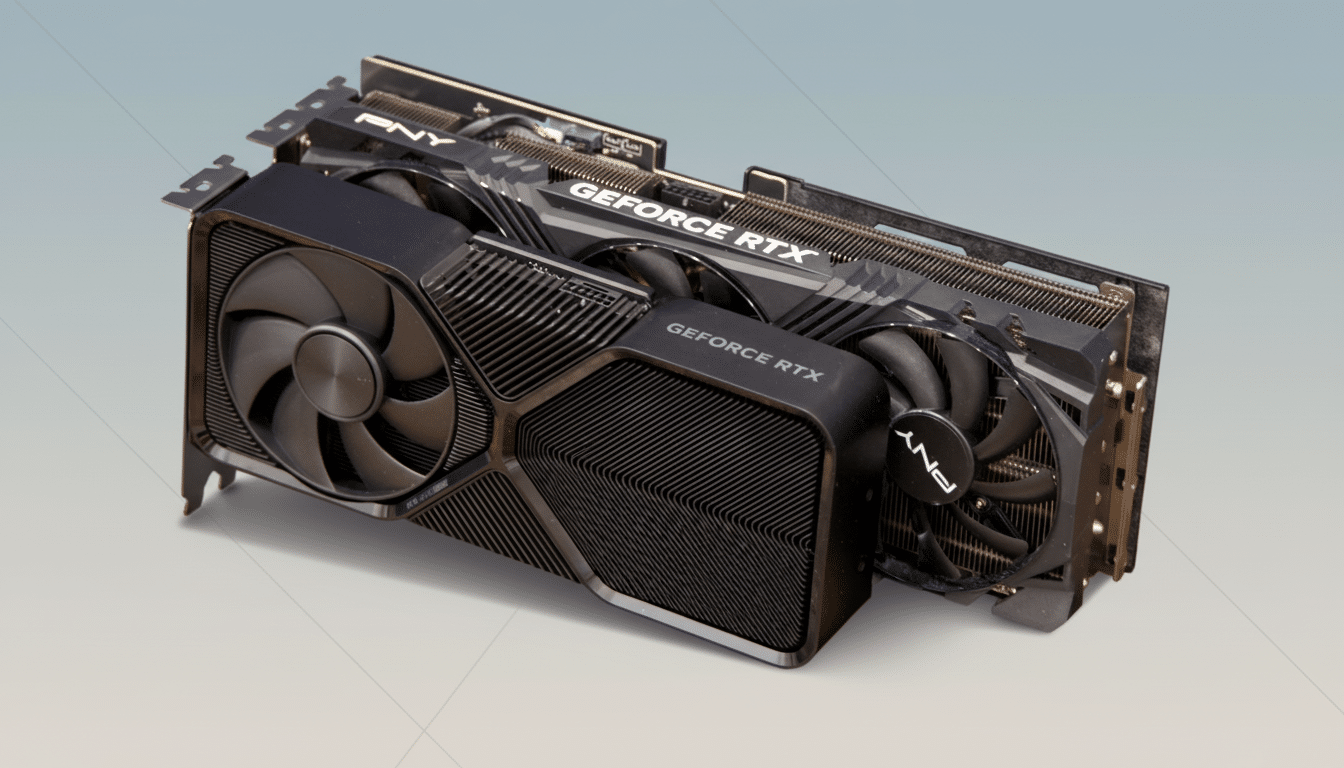 A professional shot of a P NY GeForce RTX graphics card on a flat , soft gradient background. Filename : pny geforcert xgraphics card.png