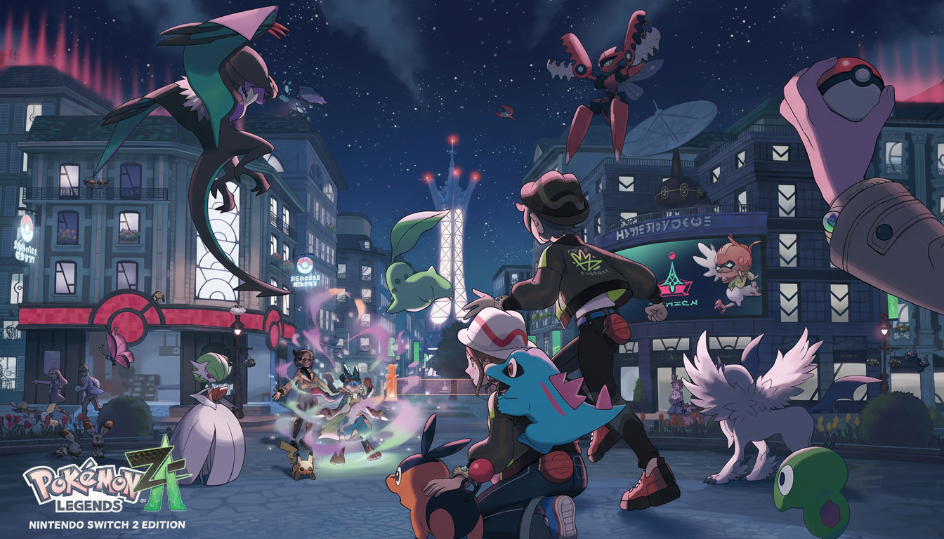 A vibrant, wide-angle illustration of various Pokémon and trainers in a bustling city at night, with the Pokémon Legends Z-A Nintendo Switch 2 Edition logo in the bottom left corner.