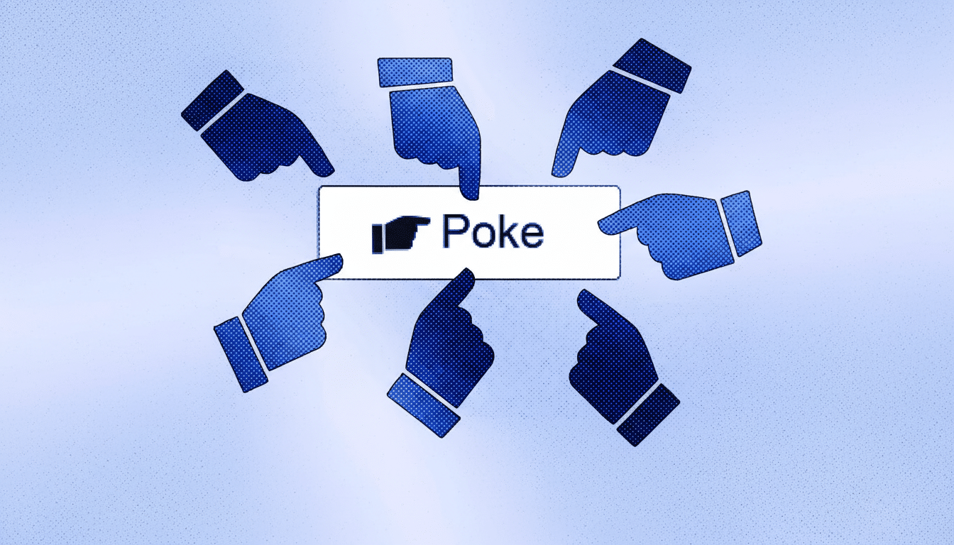 The image shows several blue cartoon hands pointing at a white button that says Poke with a thumbs
