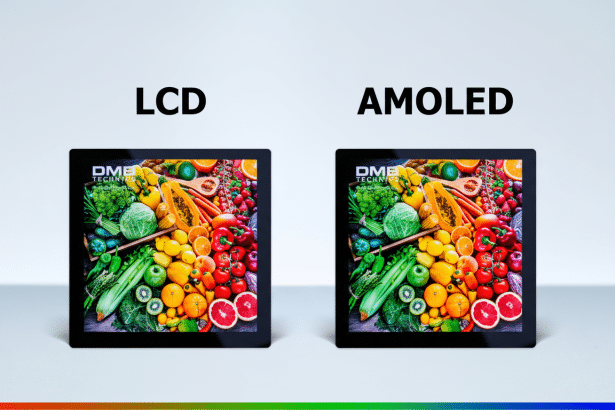 A professional comparison image showing two screens side -by-side , one labeled LCD and the other AMOLED . Both screens display an identical vibrant image of assorted fruits and vegetables, highlighting potential differences in display quality. The background is a clean, neutral gray .