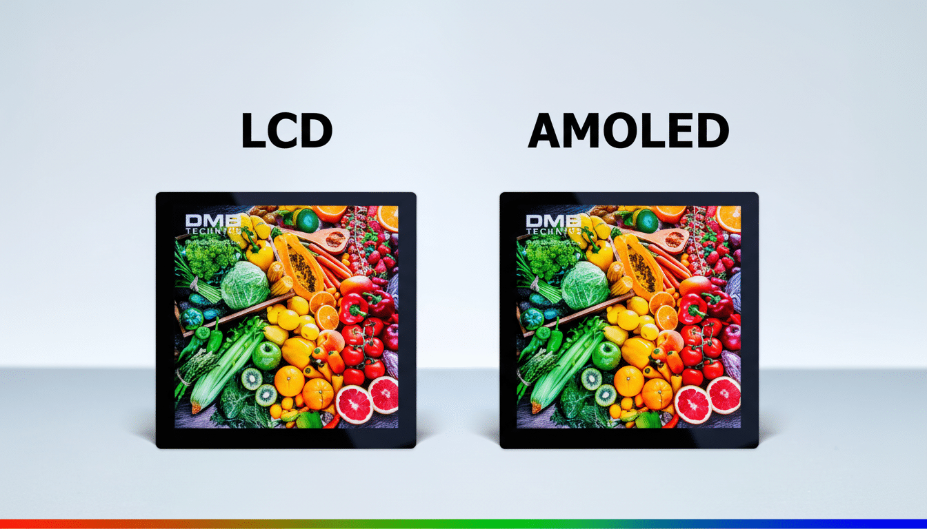 A professional comparison image showing two screens side -by-side , one labeled LCD and the other AMOLED . Both screens display an identical vibrant image of assorted fruits and vegetables, highlighting potential differences in display quality. The background is a clean, neutral gray .