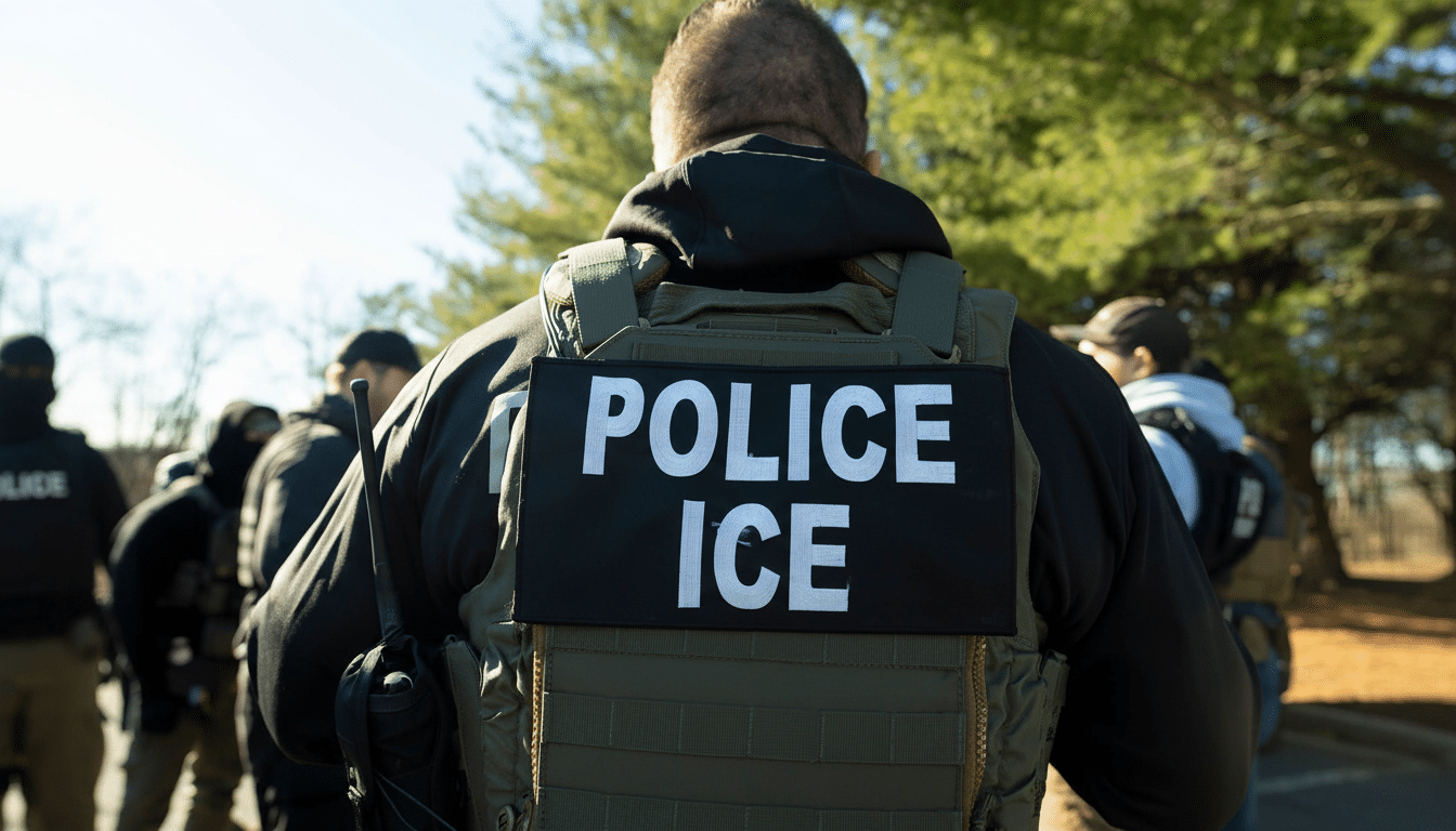 Rear view of a person in a tactical vest with POLICE ICE written on the back, standing outdoors with other individuals in the background.