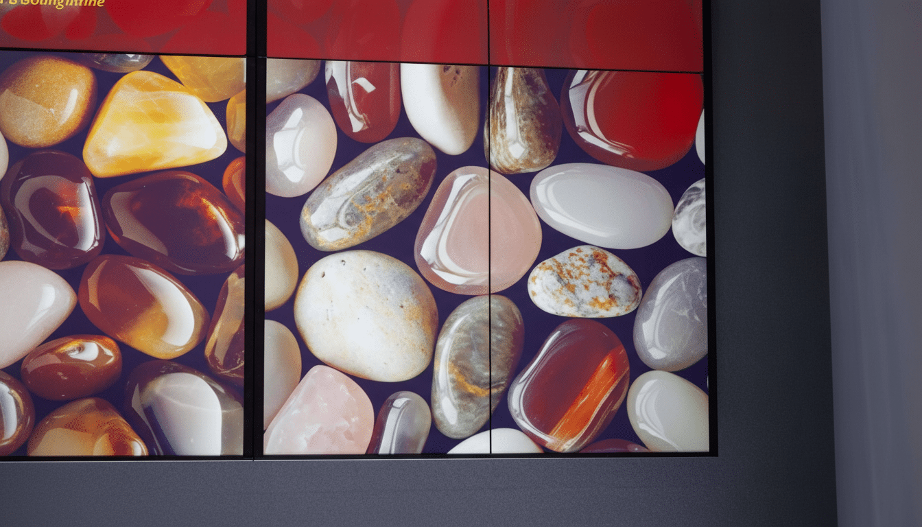 Close -up of multiple screens displaying a vibrant array of polished, multi -colored gemstones and rocks in various sizes .