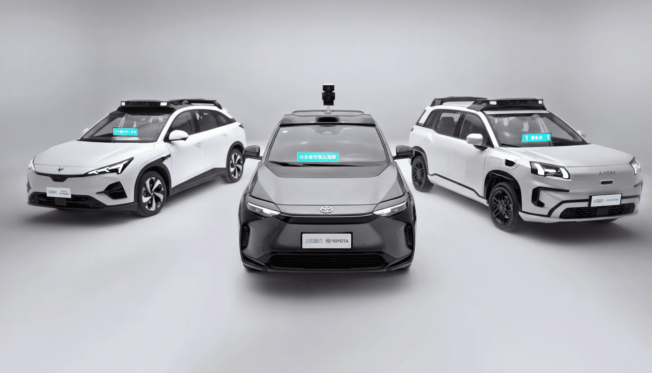 Three cars , two white and one dark grey, are arranged in a slight arc on a light grey background. All three vehicles are equipped with roof -mounted sensors and display blue text overlays on their windshields . The dark grey car is in the center, facing forward , with its Toyota logo visible. The white cars flank it, angled slightly outward.