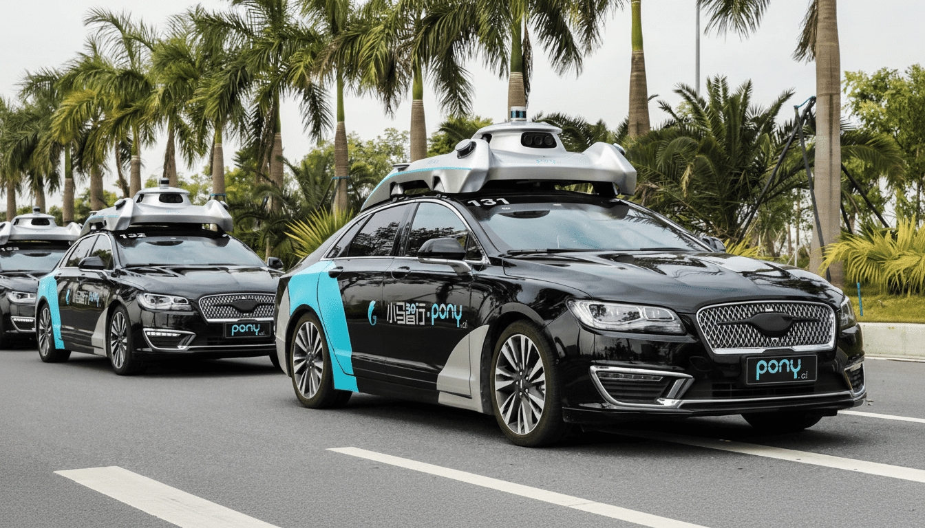 Three black Pony.ai autonomous vehicles with blue accents on the side are driving in a line on a paved road lined with palm trees.