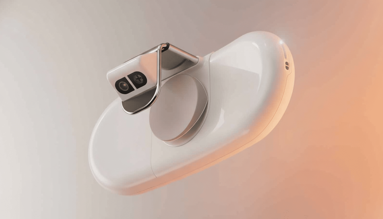 A professional , enhanced image of a sleek white and silver portable device with a camera, presented on a soft, gradient background. Filename : portable devicecamera enhanced.png