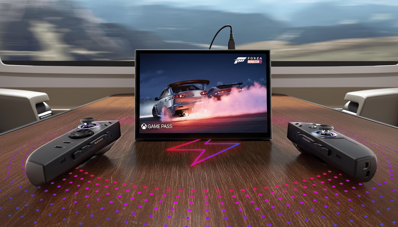 A portable gaming setup with a screen displaying Forza Horizon 5 and two detached controllers, all resting on a wooden table with colorful light patte