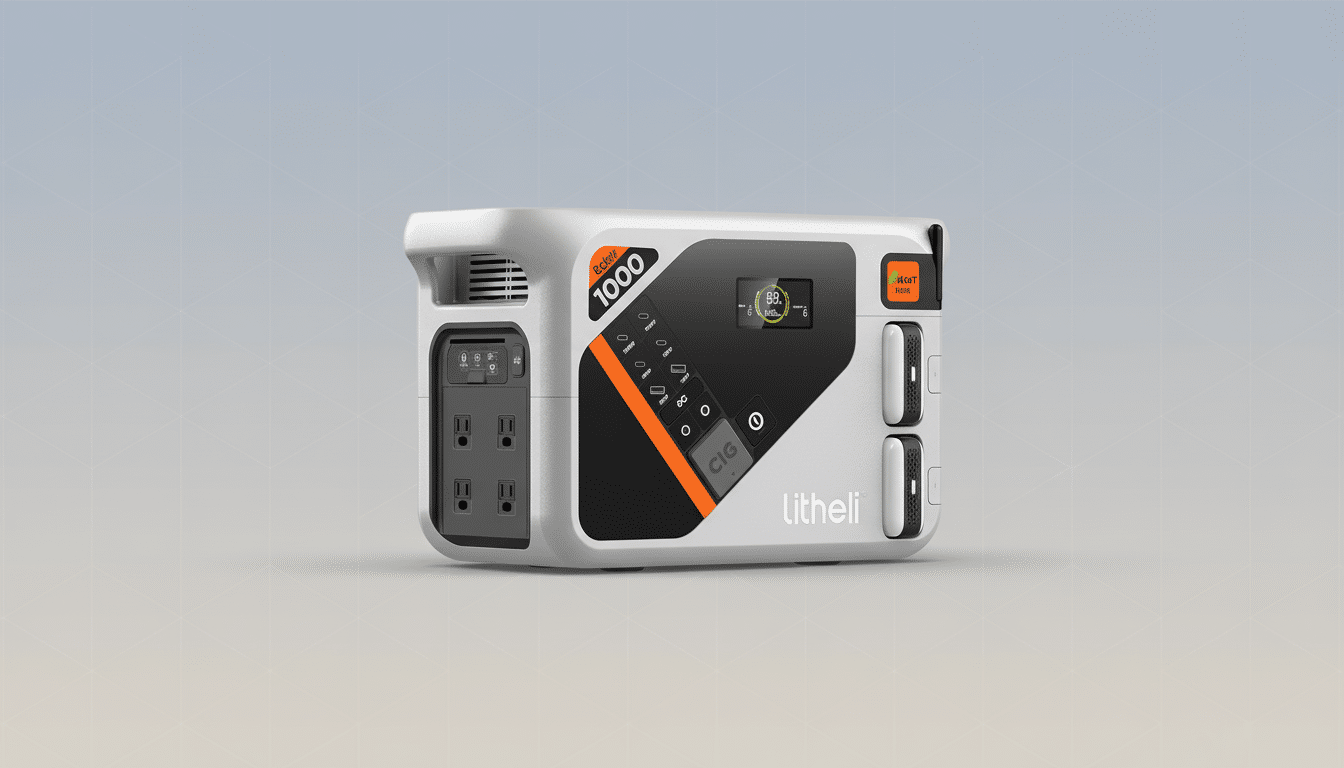 A white and orange portable power station with multiple outlets and a digital display , set against a soft grey and blue gradient background .
