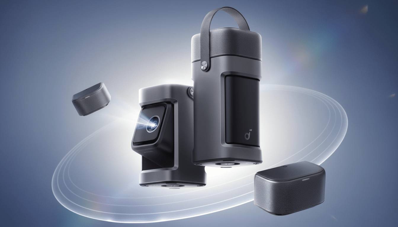 A 16:9 aspect ratio image of a dark gray portable projector and speakers , enhanced for a professional presentation . The projector emits a beam of light.