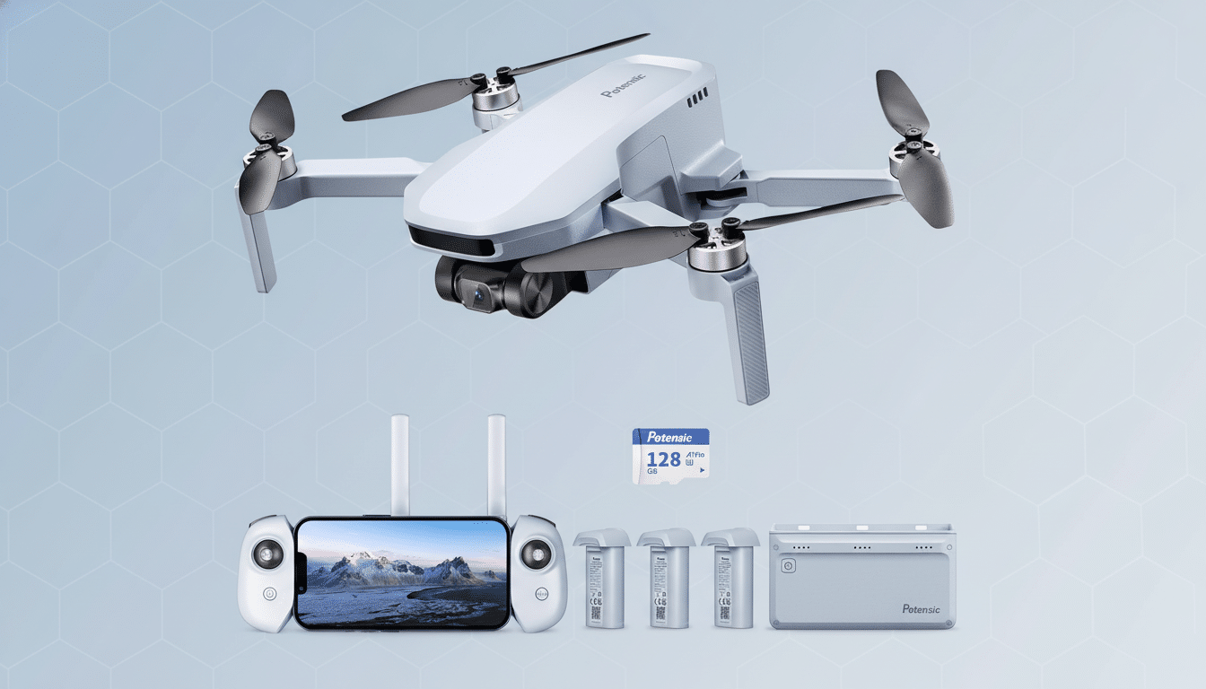 A white Pot ens ic AT OM SE drone with a remote control holding a smartphone displaying a mountain landscape, a 128 GB SD card, three extra batteries, and a charging hub , all arranged professionally against a subtle blue geometric background. Filename : potens icatom sedrone kit.png