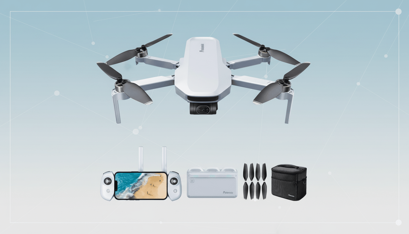 A professional shot of a white Potens ic Atom SE drone with its remote controller displaying a beach scene, a battery charging hub , spare propellers, and a black carrying bag, all against a clean blue and gray gradient background with subtle geometric patterns. Filename : potens icatom sedrone kit.png