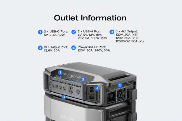 An image detailing the various outlet and port information for a power station, including USB -C, USB -A, AC outputs , DC output, and power in/ out. The power station itself is shown with numbered labels corresponding to the outlet descriptions .