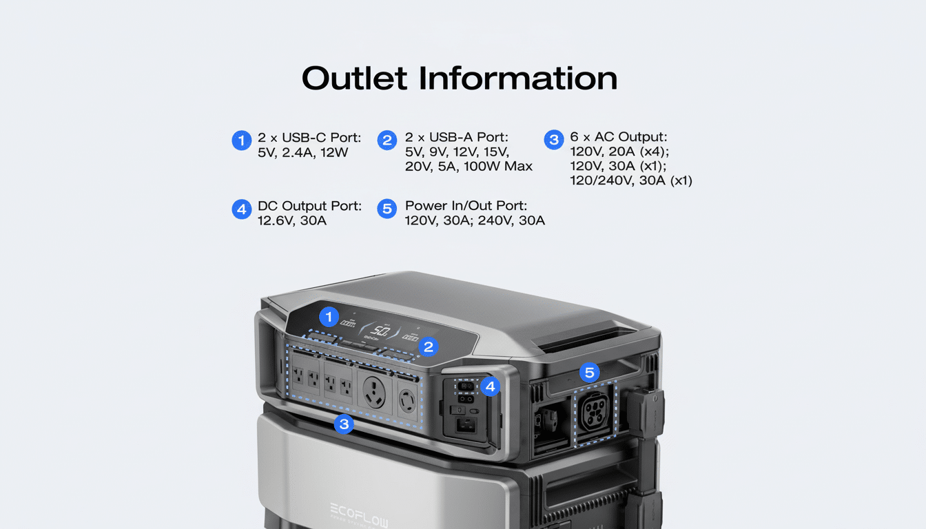An image detailing the various outlet and port information for a power station, including USB -C, USB -A, AC outputs , DC output, and power in/ out. The power station itself is shown with numbered labels corresponding to the outlet descriptions .