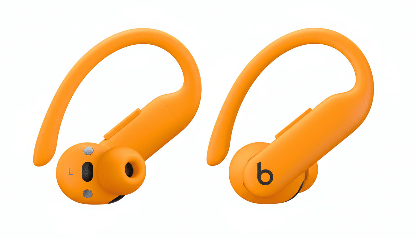 Two orange wireless earbuds, the left one showing the e arpiece and L indicator, the right one showing the b logo, both set against a clean white back