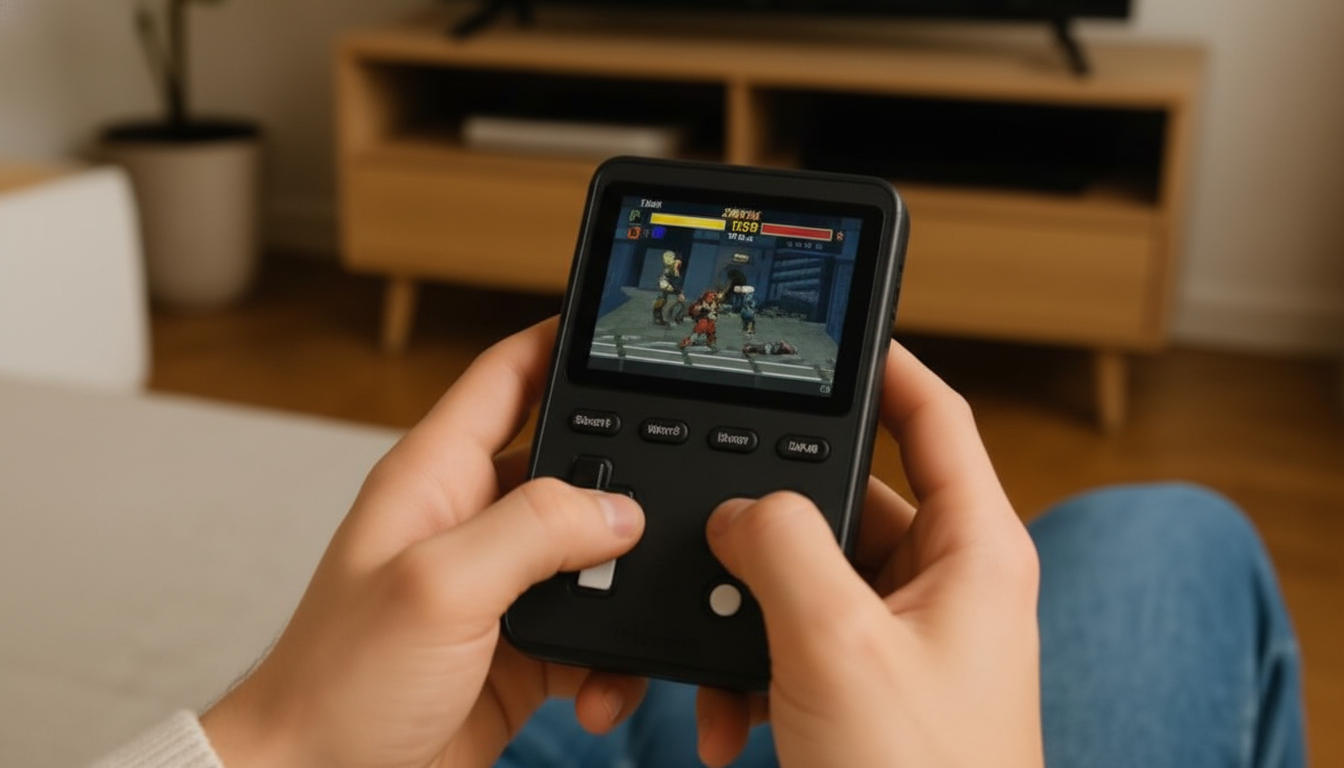 A persons hands holding a black handheld gaming device, playing a fighting game on its screen. The background shows a living room with a wooden cabinet and a television.