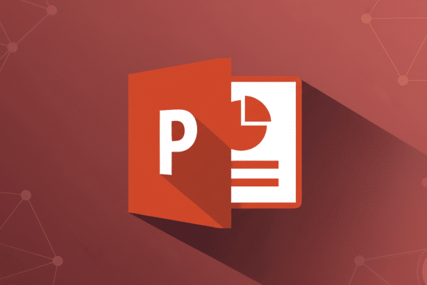 Microsoft PowerPoint icon on a dark red background with subtle geometric patterns.