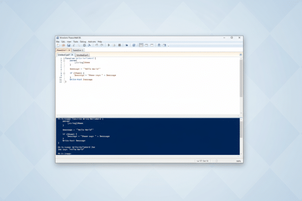 ** A screenshot of Windows PowerShell ISE displaying a Hello World script in the editor pane and its execution in the console pane. **