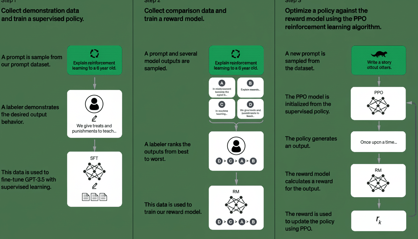 A three -step diagram illustrating the process of training a supervised policy, collecting comparison data to train a reward model , and optimizing a policy using the PPO reinforcement learning algorithm. Each step shows inputs , processes , and outputs with text explanations. Filename : ppo reinforcementlearning diagram.png