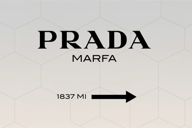 A 16: 9 aspect ratio image featuring the black PRADA MAR FA text and 1837 MI with an arrow pointing right, centered on a professional light gray backg