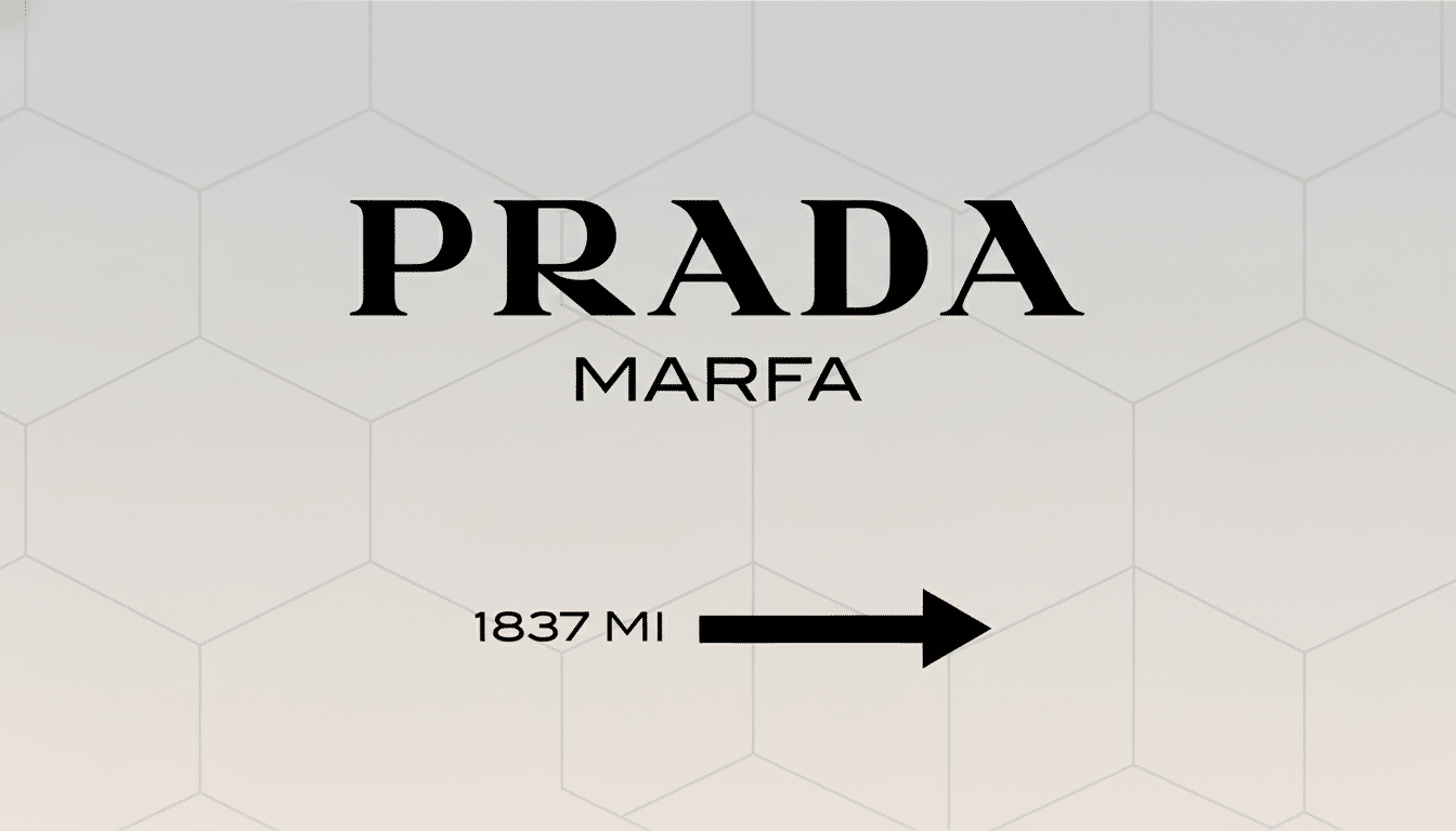 A 16: 9 aspect ratio image featuring the black PRADA MAR FA text and 1837 MI with an arrow pointing right, centered on a professional light gray backg
