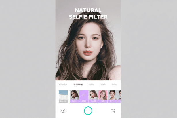 A selfie filter app interface displaying a woman ' s face with NATURAL SELFIE FILTER text, and various filter options below . The image has been resized to a 16: 9 aspect ratio with the original background preserved .