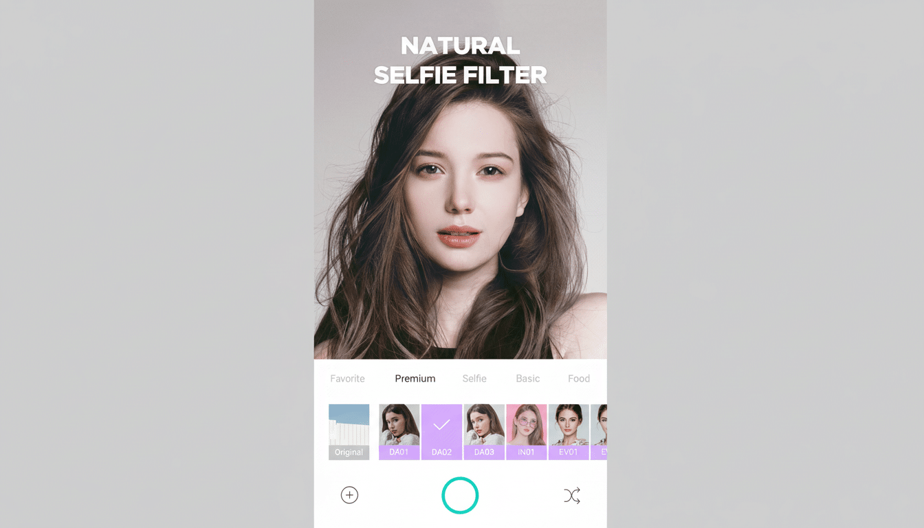 A selfie filter app interface displaying a woman ' s face with NATURAL SELFIE FILTER text, and various filter options below . The image has been resized to a 16: 9 aspect ratio with the original background preserved .