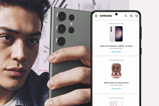 A man holding a Samsung smartphone , with a second smartphone screen showing a Samsung shopping app featuring a Lavender Galaxy S2 3 and Mystic Bronze Galaxy Buds Live. Filename : samsungproducts display . png