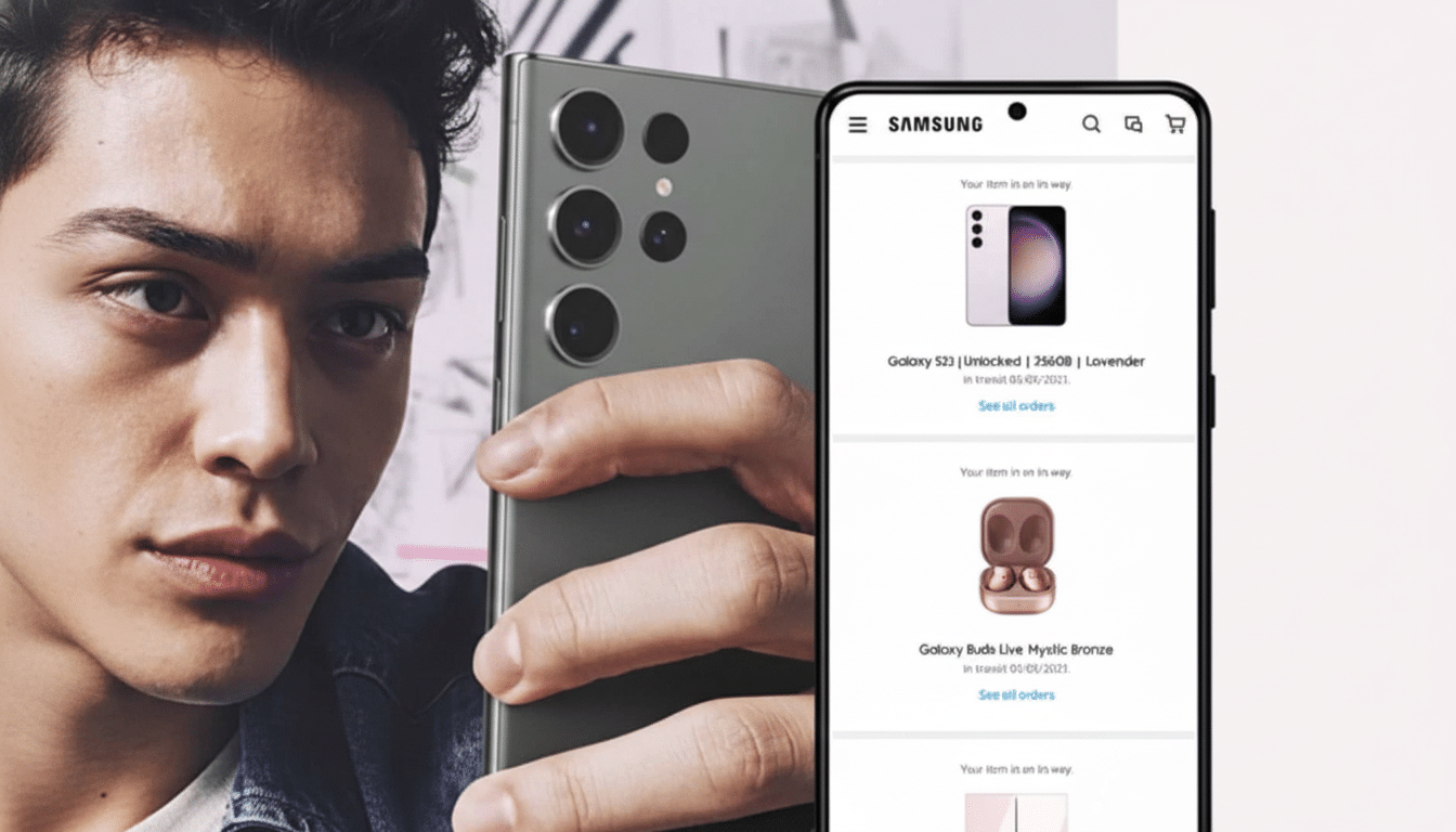 A man holding a Samsung smartphone , with a second smartphone screen showing a Samsung shopping app featuring a Lavender Galaxy S2 3 and Mystic Bronze Galaxy Buds Live. Filename : samsungproducts display . png