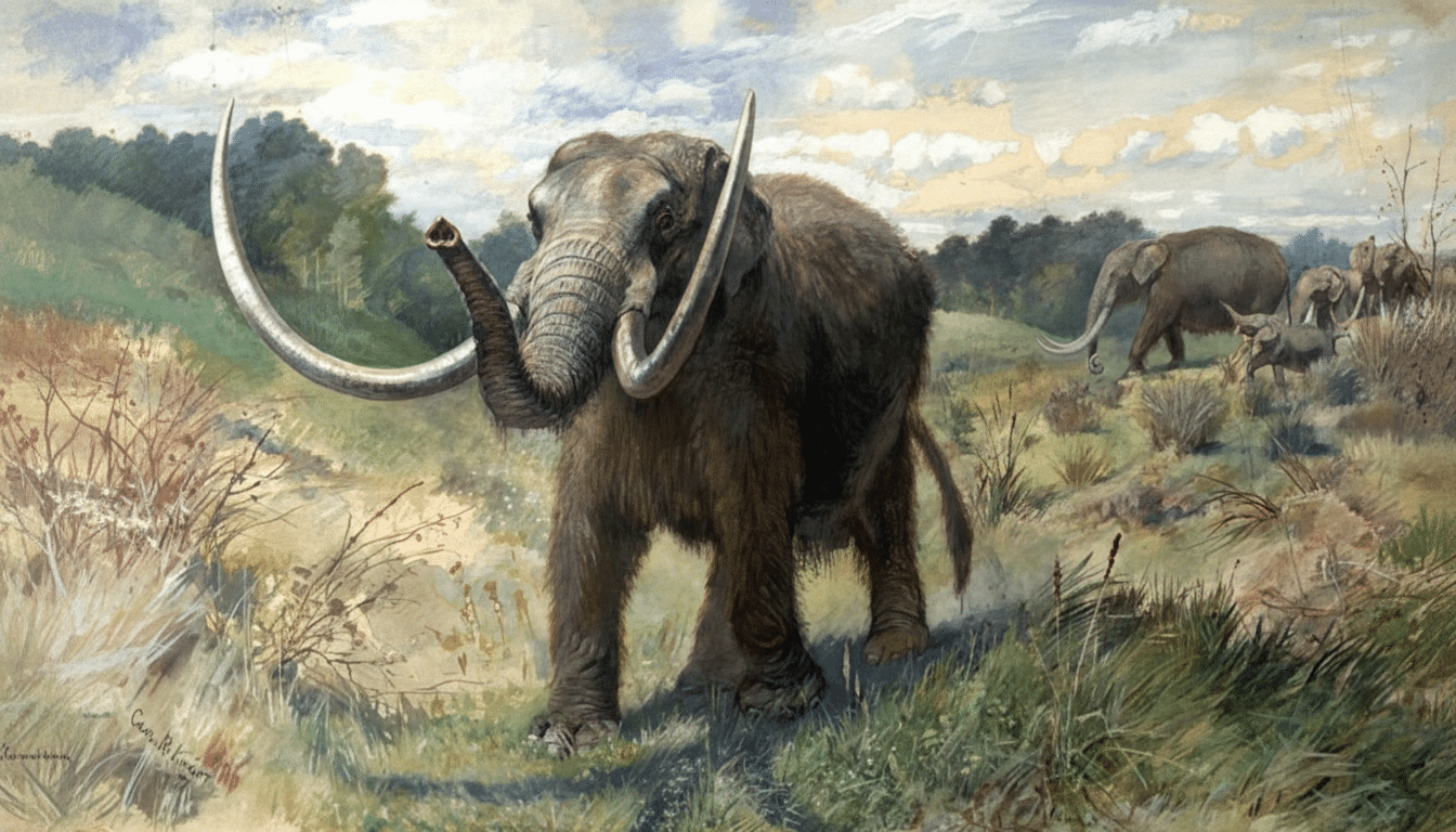 An ancient painting depicts a group of prehistoric elephants, with a large, hairy mammoth- like creature with prominent tusks in the foreground.