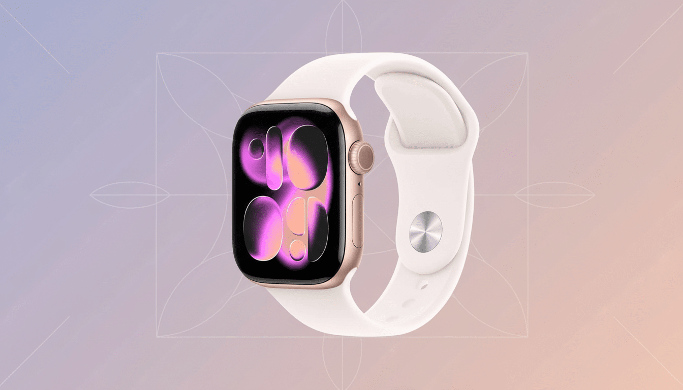 A rose gold smartwatch with a white band, displaying a colorful, abstract watch face, set against a soft, gradient background with subtle floral patte