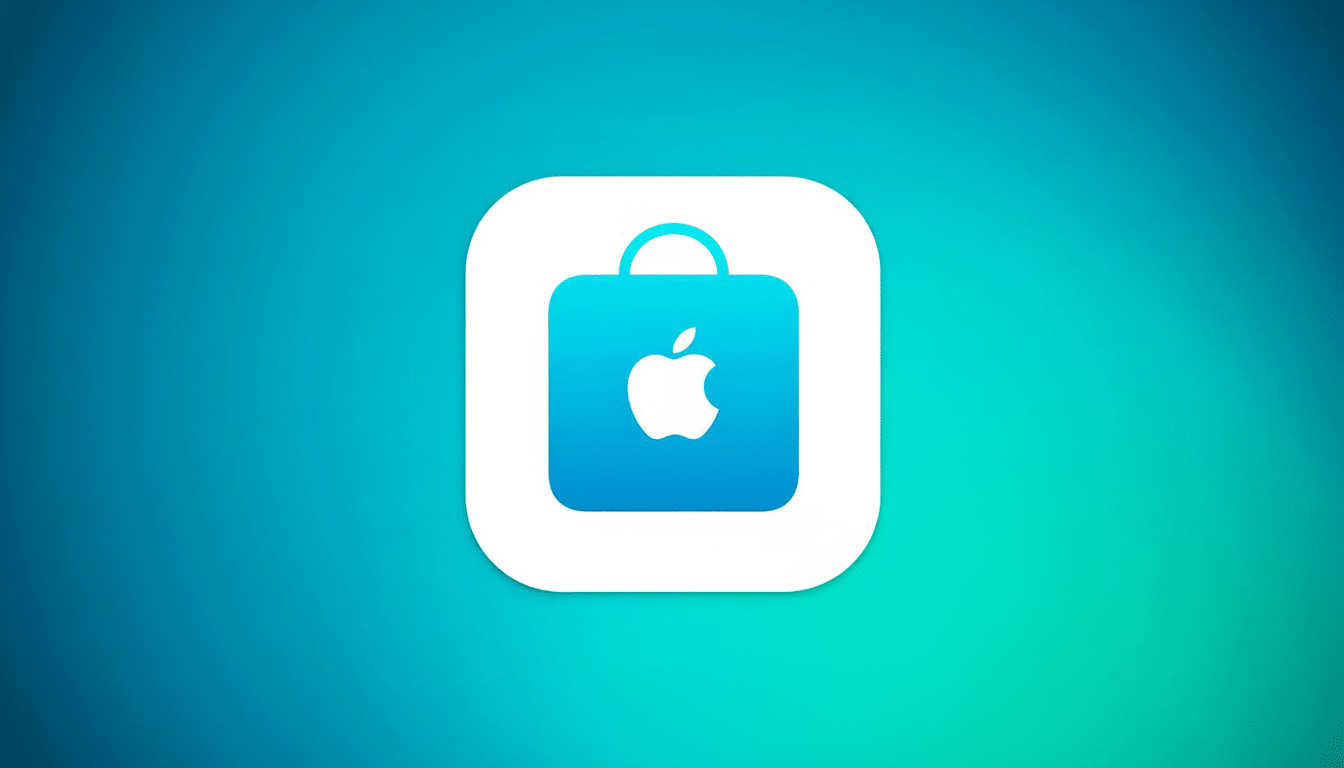 The Apple App Store icon, featuring a blue shopping bag with a white Apple logo, centered on a gradient background transitioning from blue to green.