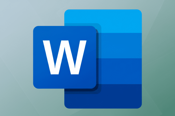 A professional , enhanced image of the Microsoft Word icon, set against a subtle green - grey gradient background with soft geometric patterns. The icon features a white 'W' on a blue square, layered over a light and dark blue rectangular document symbol .