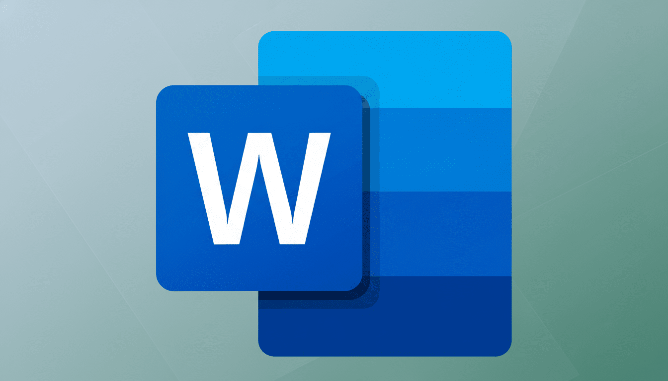 A professional , enhanced image of the Microsoft Word icon, set against a subtle green - grey gradient background with soft geometric patterns. The icon features a white 'W' on a blue square, layered over a light and dark blue rectangular document symbol .