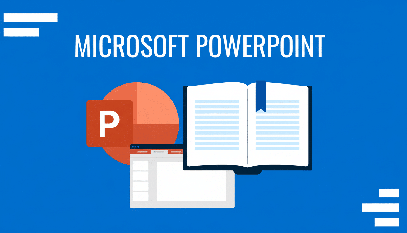 A professional flat design image with MICROSOFT POWER POINT text at the top. Below the text, there ' s the Microsoft PowerPoint logo, a pie chart, and an open book with a blue bookmark . In the foreground, there 's a window that represents a software interface . The background is a solid blue with abstract white shapes on the top left and bottom right corners. Filename : microsoftpower pointpresentation. png