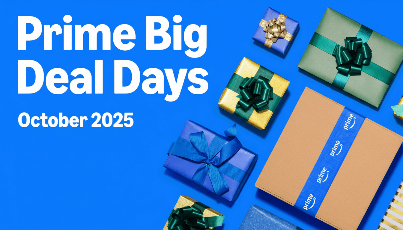An image advertising Prime Big Deal Days October 2 025 with various gift- wrapped boxes and an Amazon Prime package scattered on a vibrant blue backgr