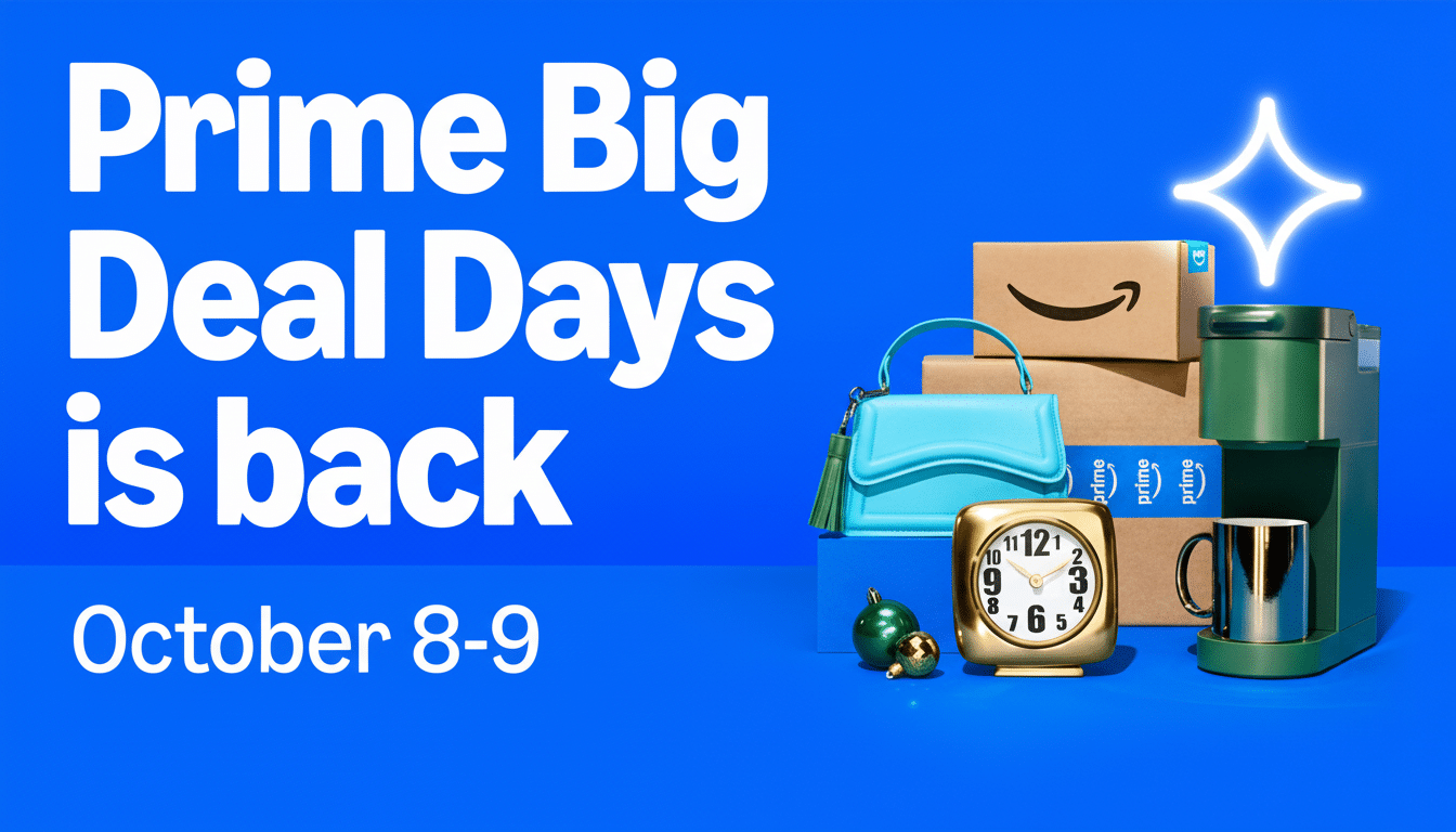 An advertisement for Prime Big Deal Days is back October 8-9 with various products including Amazon boxes, a blue handbag, a gold clock, green ornamen